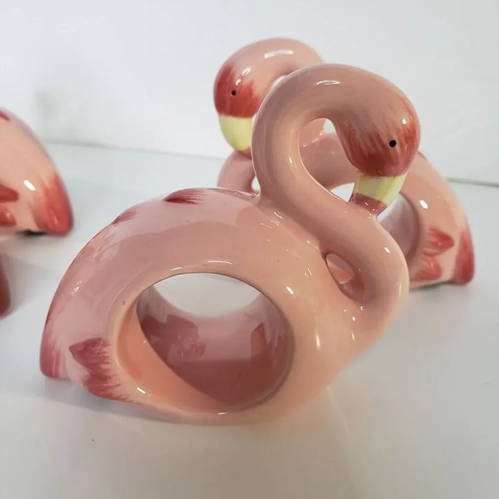Vintage Target Home Pink Ceramic Flamingo Napkin Rings Set of 4 Coastal Table